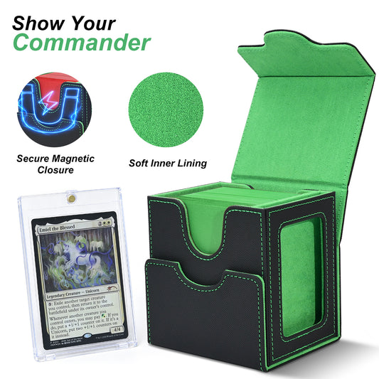 Card Deck Box for MTG Commander - (Patent Pending) Commander Deck Box with Display Fits 100+ Double-Sleeved Cards, Magnetic Trading Card Box for PTCG/TCG with Dice Tray & 35PT Card Holder, Black Green