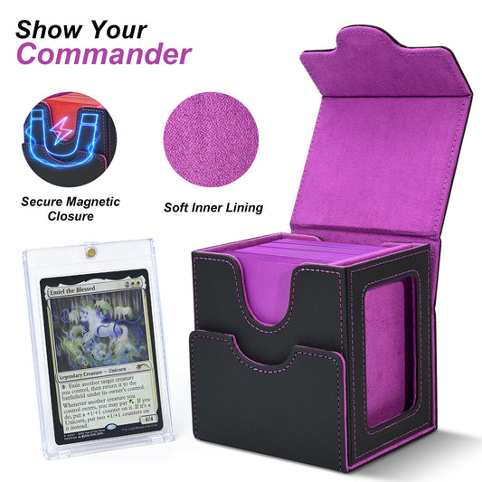Card Deck Box for MTG Commander - (Patent Pending) Commander Deck Box with Display Fits 100+ Double-Sleeved Cards, Magnetic Trading Card Box for PTCG/TCG with Dice Tray & 35PT Card Holder, Black Purple