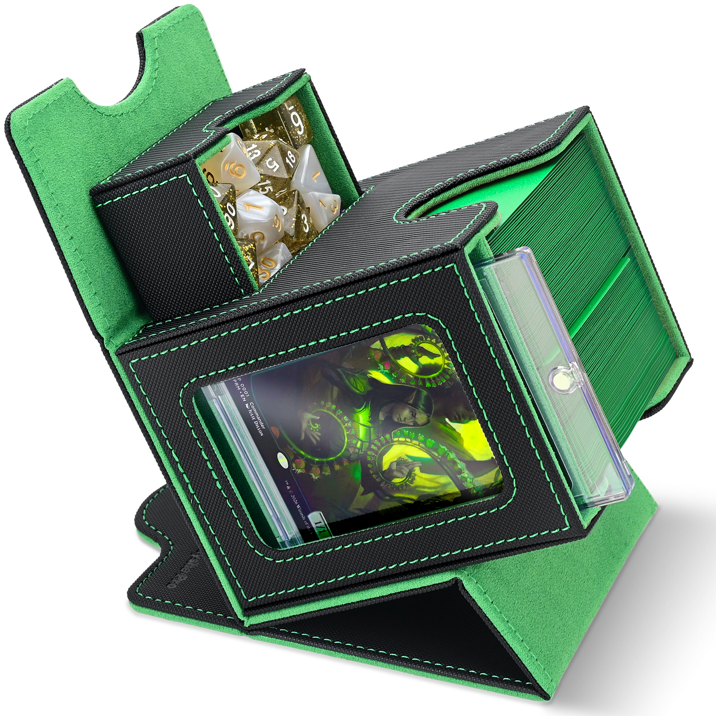 Card Deck Box for MTG Commander - (Patent Pending) Commander Deck Box with Display Fits 100+ Double-Sleeved Cards, Magnetic Trading Card Box for PTCG/TCG with Dice Tray & 35PT Card Holder, Black Green