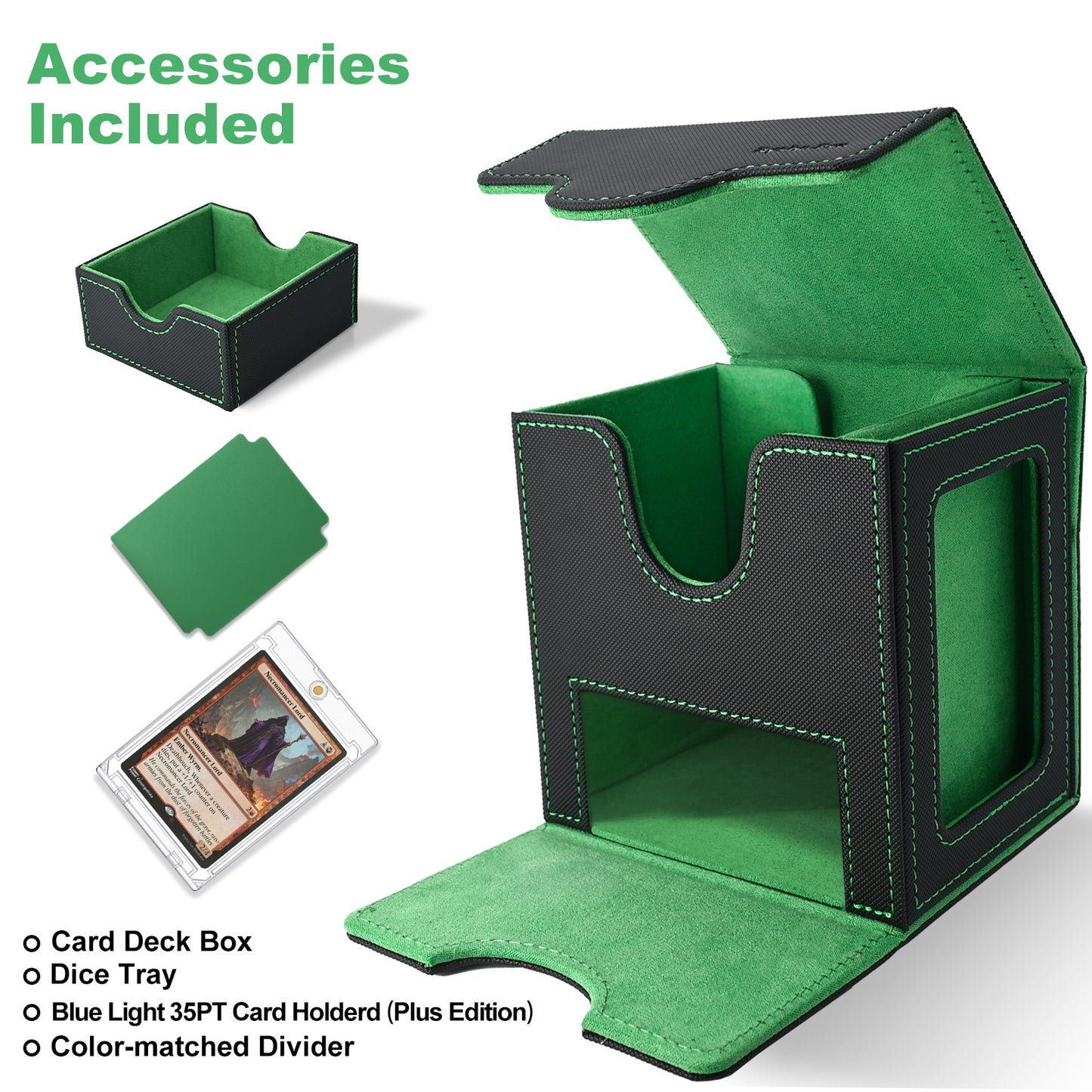 Card Deck Box for MTG Commander - (Patent Pending) Commander Deck Box with Display Fits 100+ Double-Sleeved Cards, Magnetic Trading Card Box for PTCG/TCG with Dice Tray & 35PT Card Holder, Black Green