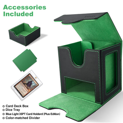 Card Deck Box for MTG Commander - (Patent Pending) Commander Deck Box with Display Fits 100+ Double-Sleeved Cards, Magnetic Trading Card Box for PTCG/TCG with Dice Tray & 35PT Card Holder, Black Green