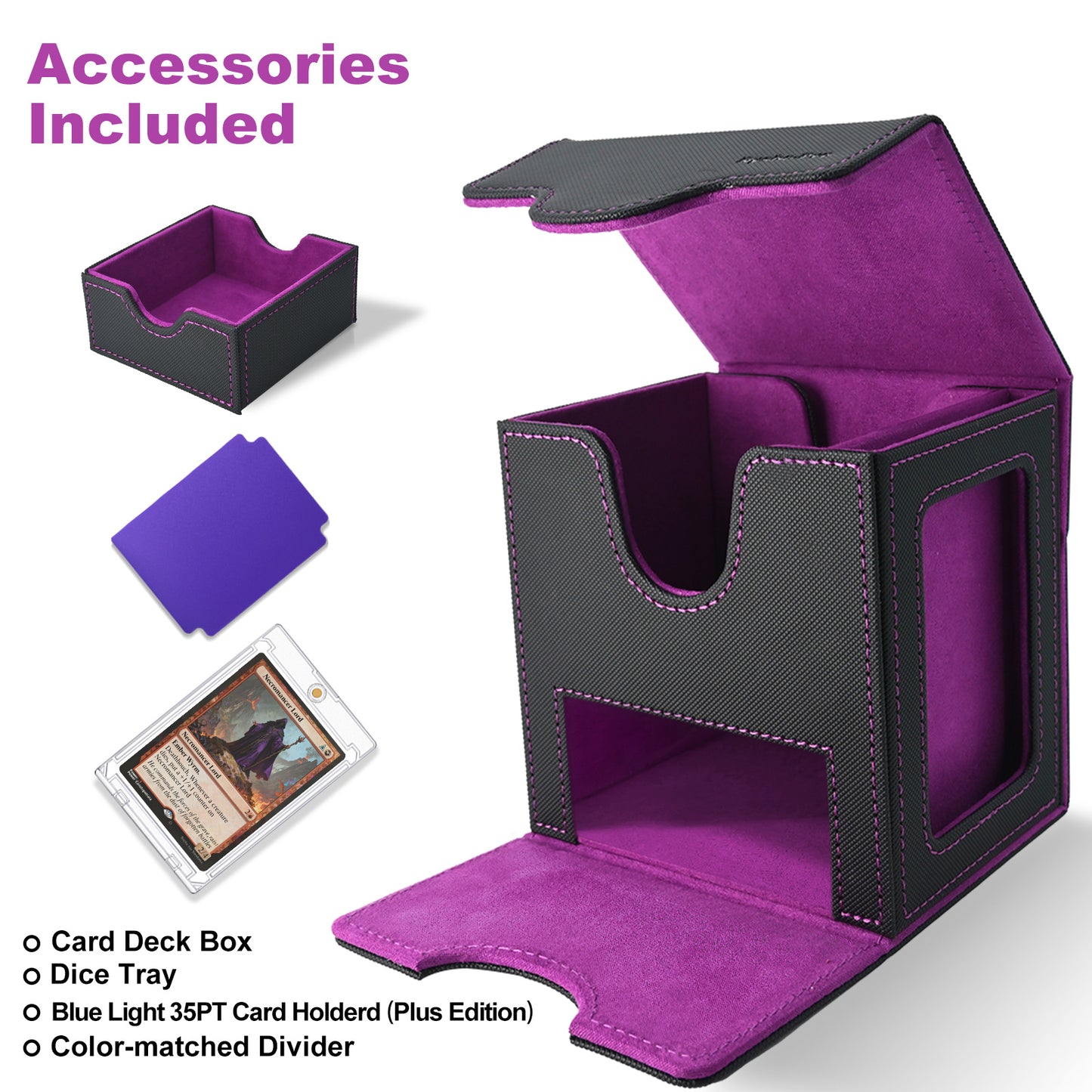 Card Deck Box for MTG Commander - (Patent Pending) Commander Deck Box with Display Fits 100+ Double-Sleeved Cards, Magnetic Trading Card Box for PTCG/TCG with Dice Tray & 35PT Card Holder, Black Purple