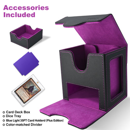 Card Deck Box for MTG Commander - (Patent Pending) Commander Deck Box with Display Fits 100+ Double-Sleeved Cards, Magnetic Trading Card Box for PTCG/TCG with Dice Tray & 35PT Card Holder, Black Purple