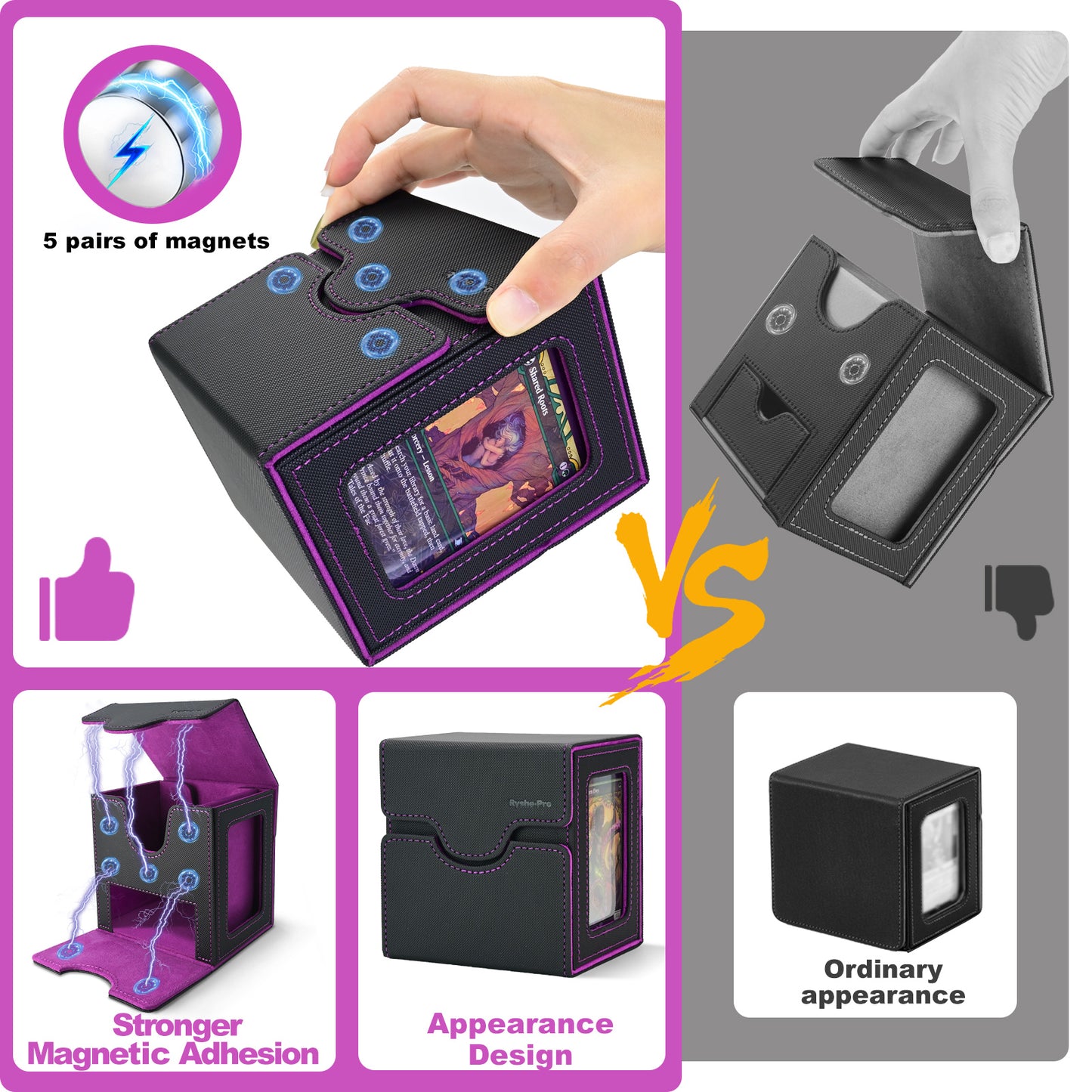 Card Deck Box for MTG Commander - (Patent Pending) Commander Deck Box with Display Fits 100+ Double-Sleeved Cards, Magnetic Trading Card Box for PTCG/TCG with Dice Tray & 35PT Card Holder, Black Purple