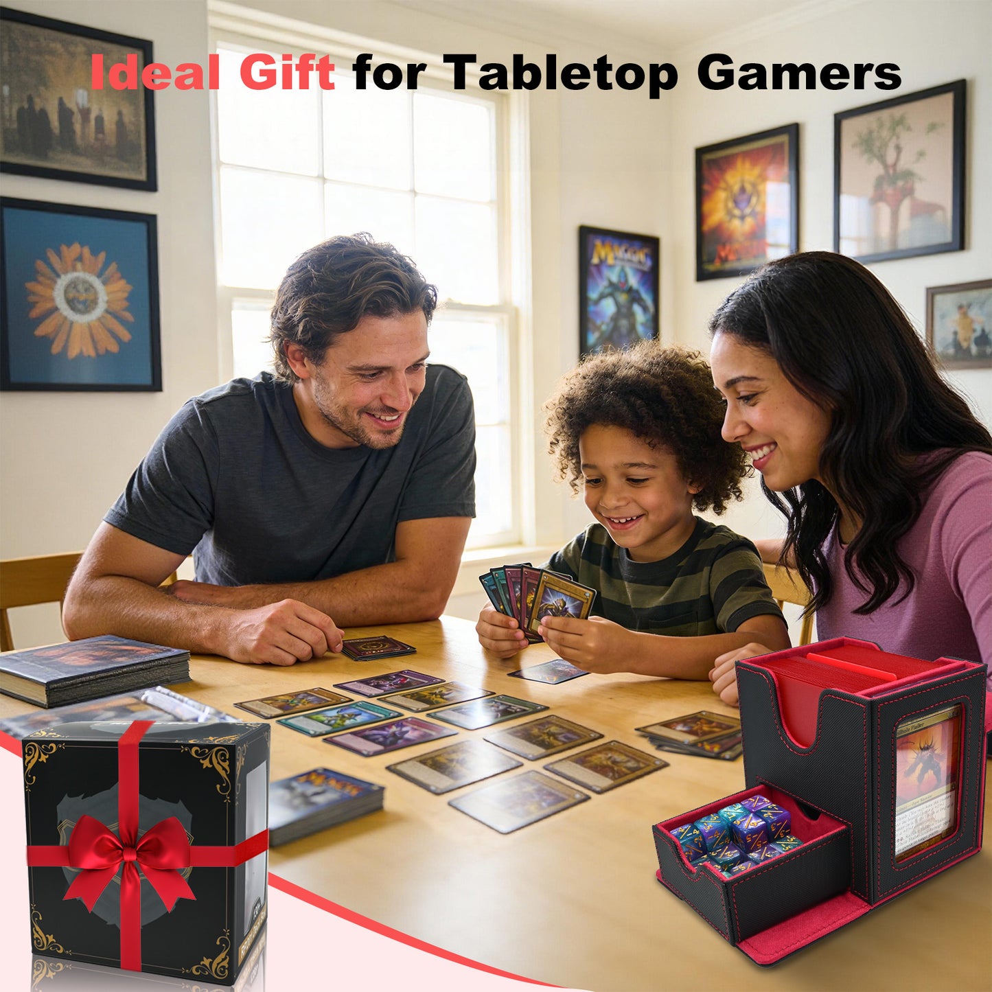 Card Deck Box for MTG Commander - (Patent Pending) Commander Deck Box with Display Fits 100+ Double-Sleeved Cards, Magnetic Trading Card Box for PTCG/TCG with Dice Tray & 35PT Card Holder, Black Red
