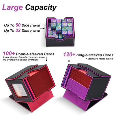 Card Deck Box for MTG Commander - (Patent Pending) Commander Deck Box with Display Fits 100+ Double-Sleeved Cards, Magnetic Trading Card Box for PTCG/TCG with Dice Tray & 35PT Card Holder, Black Purple