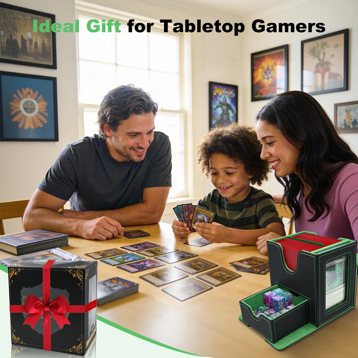 Card Deck Box for MTG Commander - (Patent Pending) Commander Deck Box with Display Fits 100+ Double-Sleeved Cards, Magnetic Trading Card Box for PTCG/TCG with Dice Tray & 35PT Card Holder, Black Green