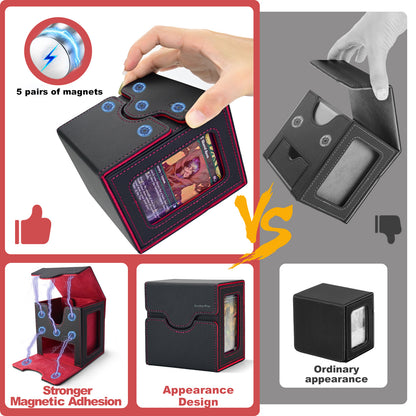 Card Deck Box for MTG Commander - (Patent Pending) Commander Deck Box with Display Fits 100+ Double-Sleeved Cards, Magnetic Trading Card Box for PTCG/TCG with Dice Tray & 35PT Card Holder, Black Red