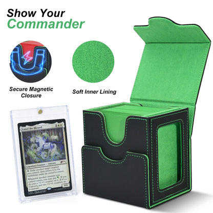 Card Deck Box for MTG Commander - (Patent Pending) Commander Deck Box with Display Fits 100+ Double-Sleeved Cards, Magnetic Trading Card Box for PTCG/TCG with Dice Tray & 35PT Card Holder, Black Green