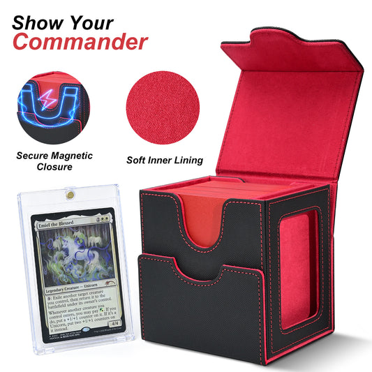 Card Deck Box for MTG Commander - (Patent Pending) Commander Deck Box with Display Fits 100+ Double-Sleeved Cards, Magnetic Trading Card Box for PTCG/TCG with Dice Tray & 35PT Card Holder, Black Red