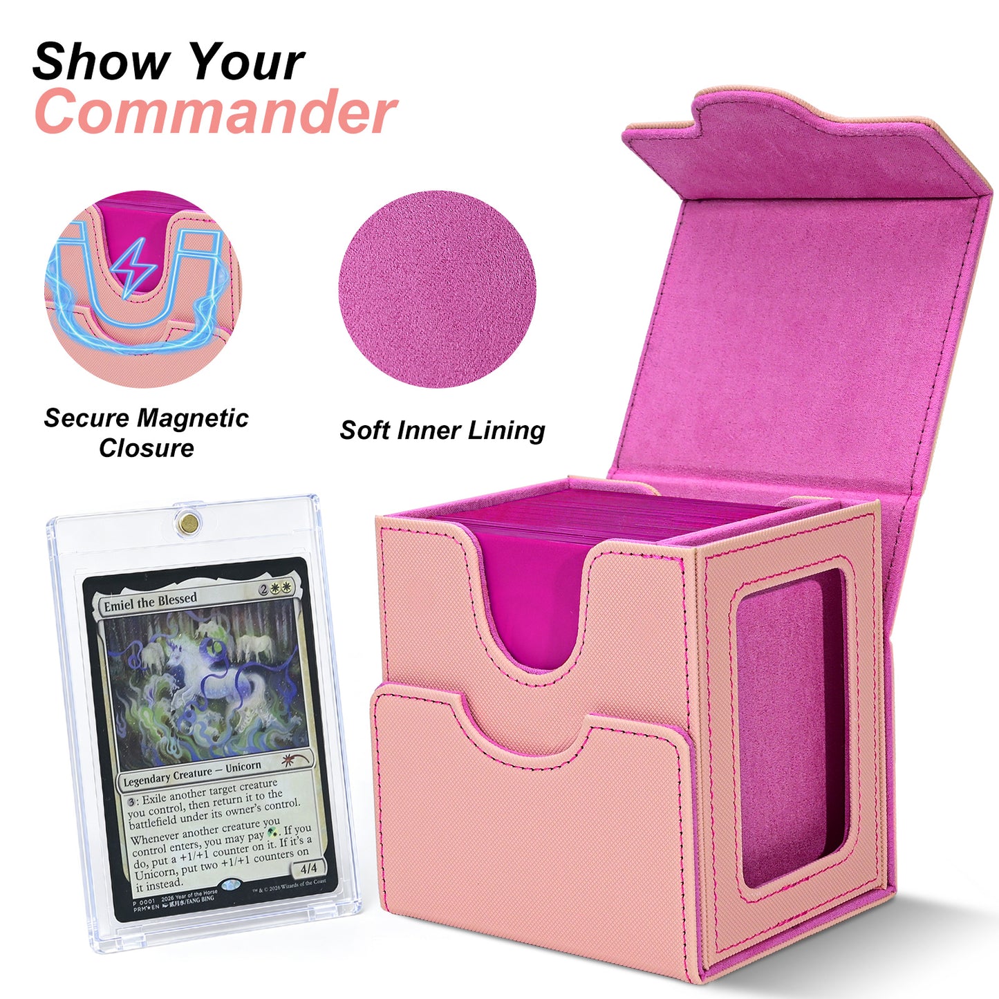 Card Deck Box for MTG Commander - (Patent Pending) Commander Deck Box with Display Fits 100+ Double-Sleeved Cards, Magnetic Trading Card Box for PTCG/TCG with Dice Tray & 35PT Card Holder, Black Pink