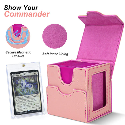 Card Deck Box for MTG Commander - (Patent Pending) Commander Deck Box with Display Fits 100+ Double-Sleeved Cards, Magnetic Trading Card Box for PTCG/TCG with Dice Tray & 35PT Card Holder, Black Pink