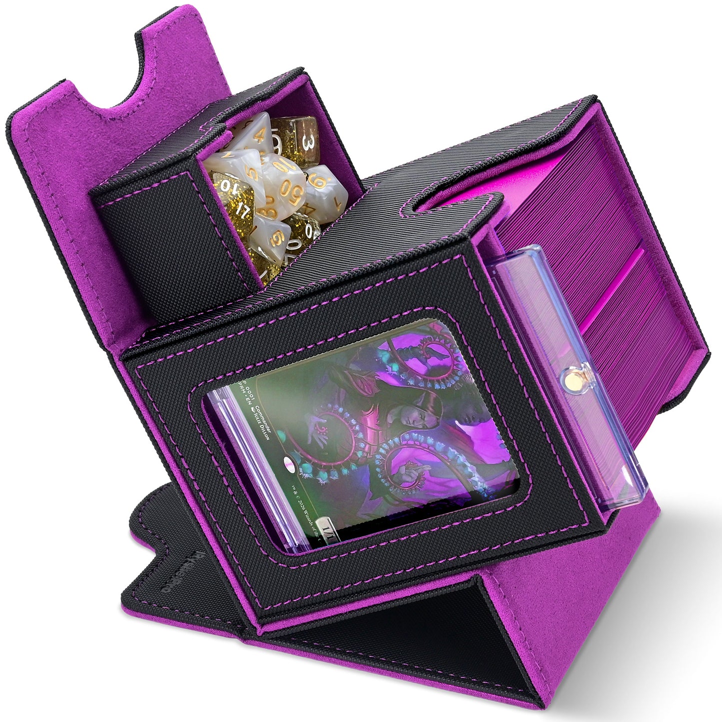 Card Deck Box for MTG Commander - (Patent Pending) Commander Deck Box with Display Fits 100+ Double-Sleeved Cards, Magnetic Trading Card Box for PTCG/TCG with Dice Tray & 35PT Card Holder, Black Purple