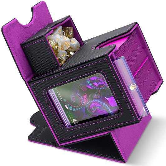 Card Deck Box for MTG Commander - (Patent Pending) Commander Deck Box with Display Fits 100+ Double-Sleeved Cards, Magnetic Trading Card Box for PTCG/TCG with Dice Tray & 35PT Card Holder, Black Purple