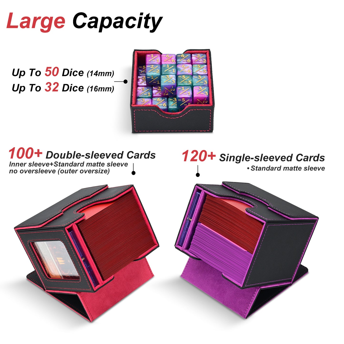 Card Deck Box for MTG Commander - (Patent Pending) Commander Deck Box with Display Fits 100+ Double-Sleeved Cards, Magnetic Trading Card Box for PTCG/TCG with Dice Tray & 35PT Card Holder, Black Red