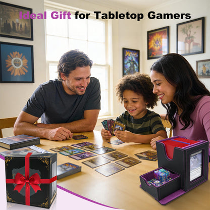 Card Deck Box for MTG Commander - (Patent Pending) Commander Deck Box with Display Fits 100+ Double-Sleeved Cards, Magnetic Trading Card Box for PTCG/TCG with Dice Tray & 35PT Card Holder, Black Purple