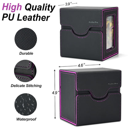 Card Deck Box for MTG Commander - (Patent Pending) Commander Deck Box with Display Fits 100+ Double-Sleeved Cards, Magnetic Trading Card Box for PTCG/TCG with Dice Tray & 35PT Card Holder, Black Purple