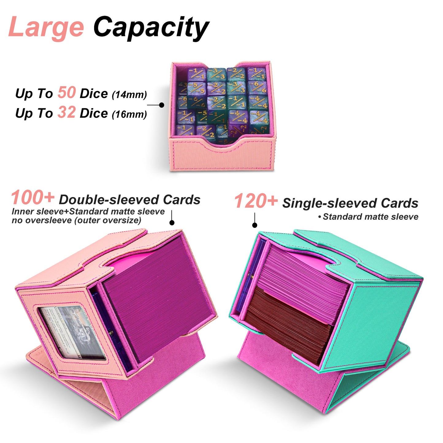 Card Deck Box for MTG Commander - (Patent Pending) Commander Deck Box with Display Fits 100+ Double-Sleeved Cards, Magnetic Trading Card Box for PTCG/TCG with Dice Tray & 35PT Card Holder, Black Pink