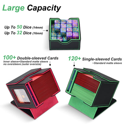 Card Deck Box for MTG Commander - (Patent Pending) Commander Deck Box with Display Fits 100+ Double-Sleeved Cards, Magnetic Trading Card Box for PTCG/TCG with Dice Tray & 35PT Card Holder, Black Green