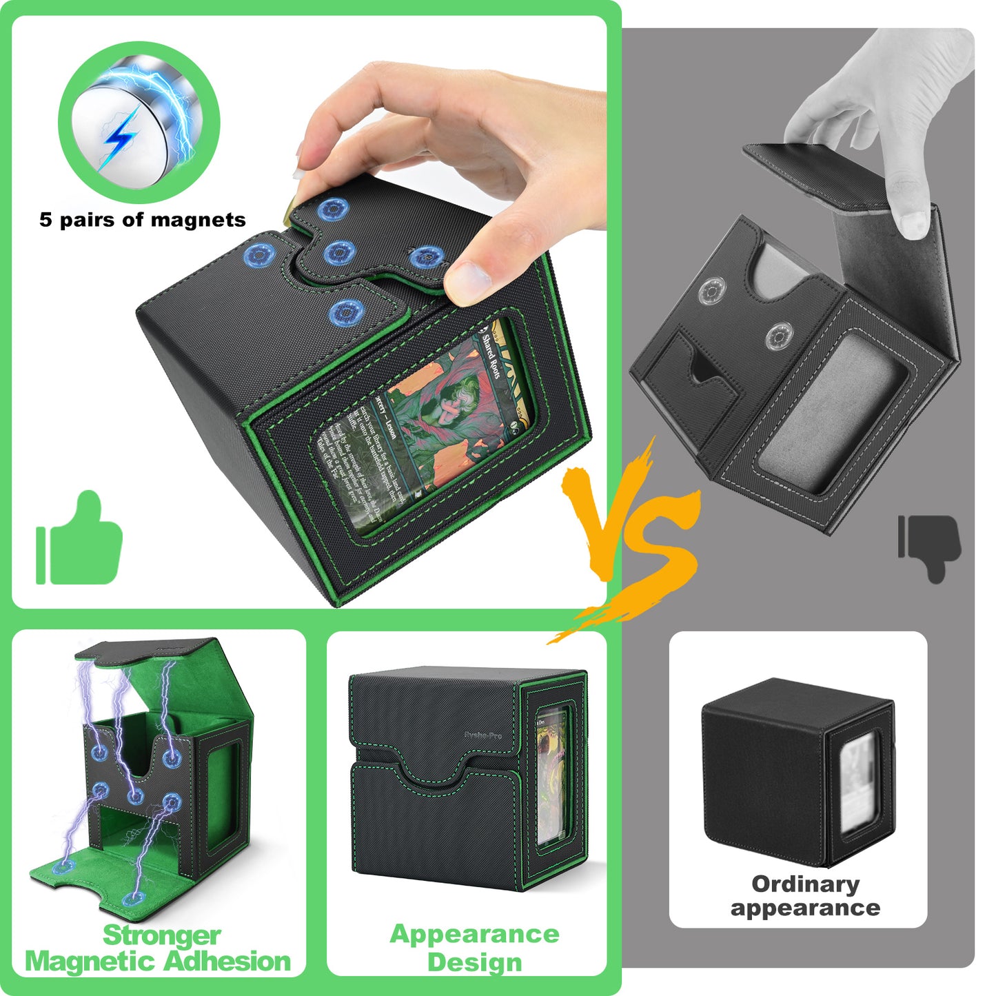 Card Deck Box for MTG Commander - (Patent Pending) Commander Deck Box with Display Fits 100+ Double-Sleeved Cards, Magnetic Trading Card Box for PTCG/TCG with Dice Tray & 35PT Card Holder, Black Green