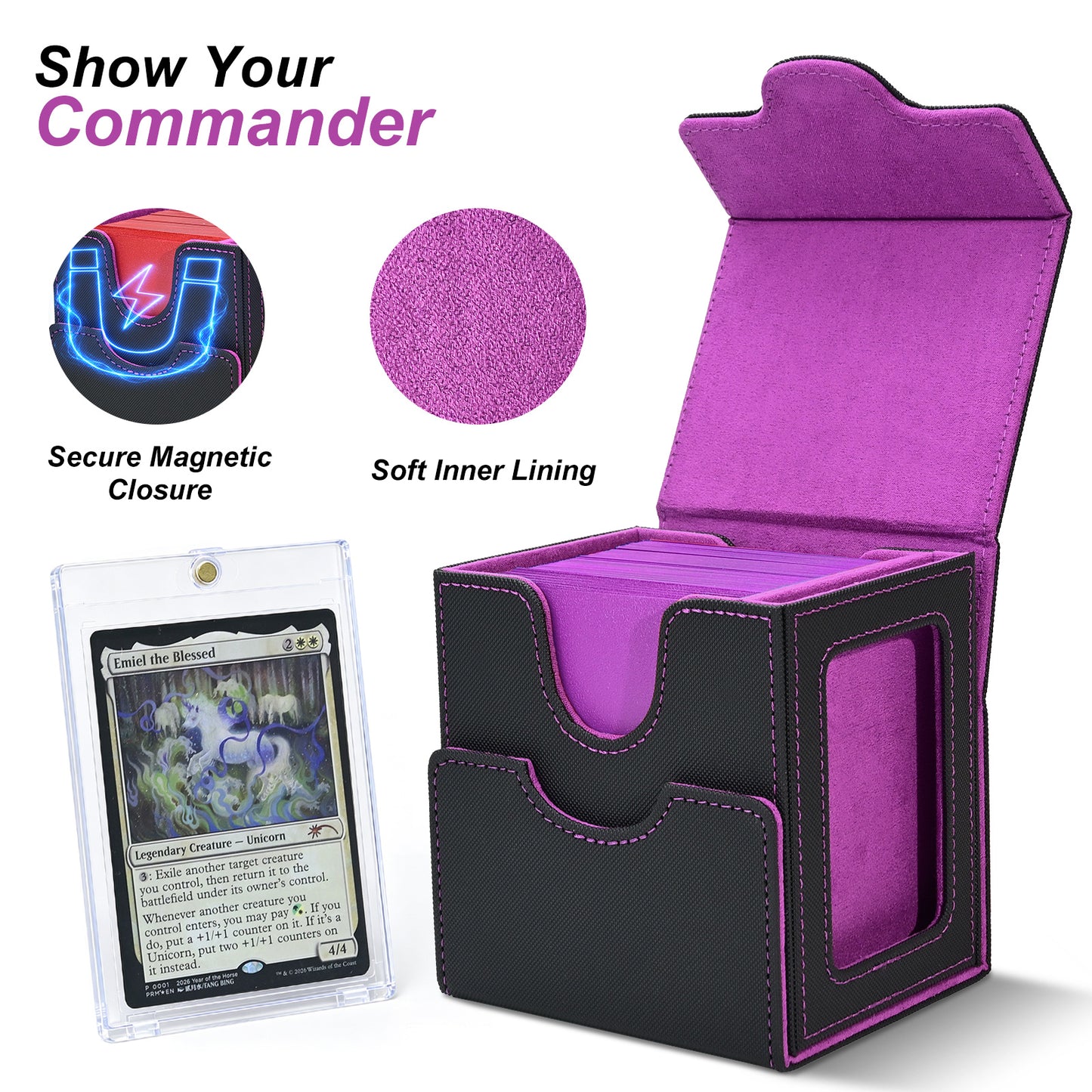 Card Deck Box for MTG Commander - (Patent Pending) Commander Deck Box with Display Fits 100+ Double-Sleeved Cards, Magnetic Trading Card Box for PTCG/TCG with Dice Tray & 35PT Card Holder, Black Purple