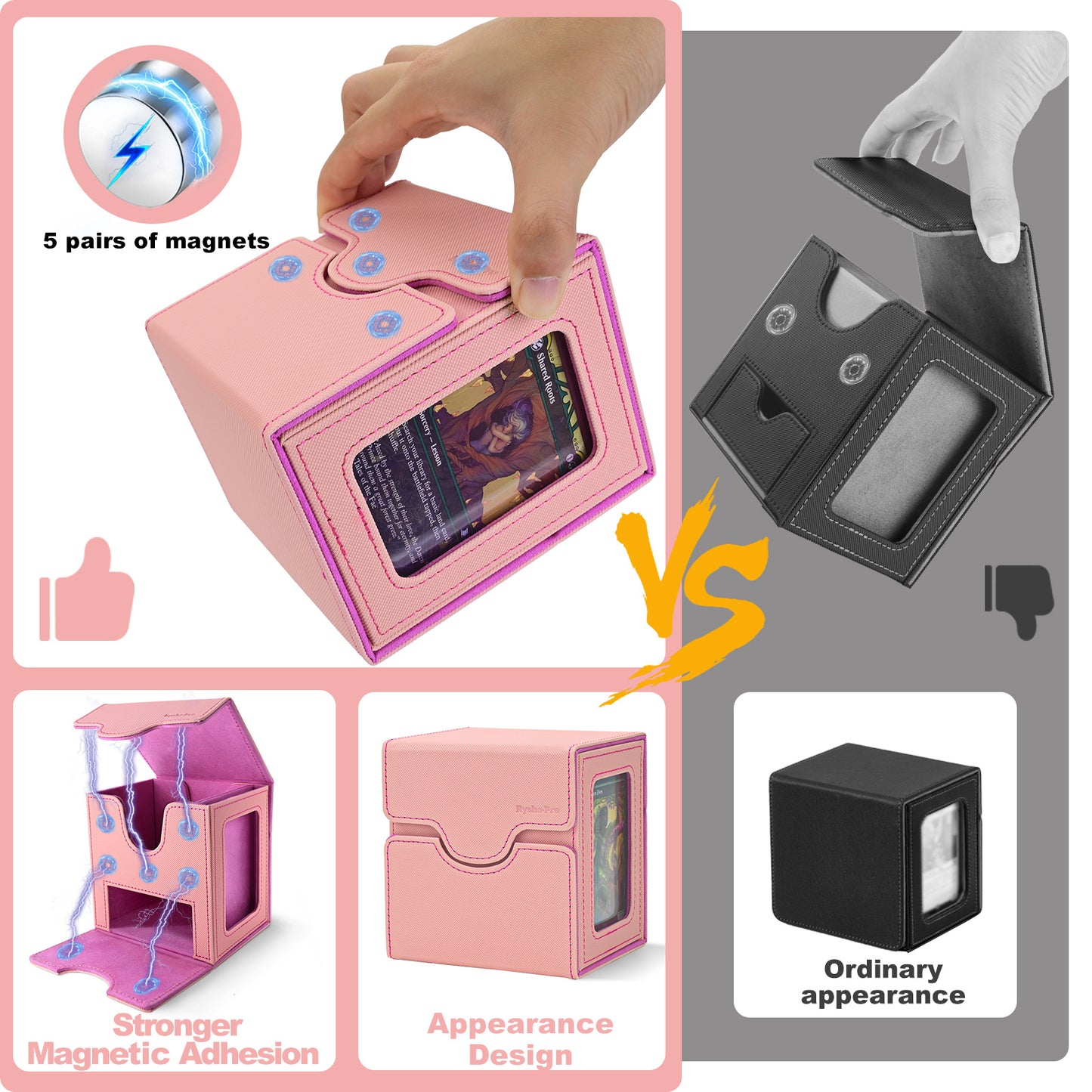 Card Deck Box for MTG Commander - (Patent Pending) Commander Deck Box with Display Fits 100+ Double-Sleeved Cards, Magnetic Trading Card Box for PTCG/TCG with Dice Tray & 35PT Card Holder, Black Pink