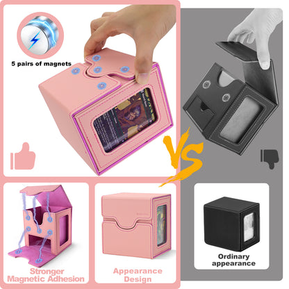Card Deck Box for MTG Commander - (Patent Pending) Commander Deck Box with Display Fits 100+ Double-Sleeved Cards, Magnetic Trading Card Box for PTCG/TCG with Dice Tray & 35PT Card Holder, Black Pink