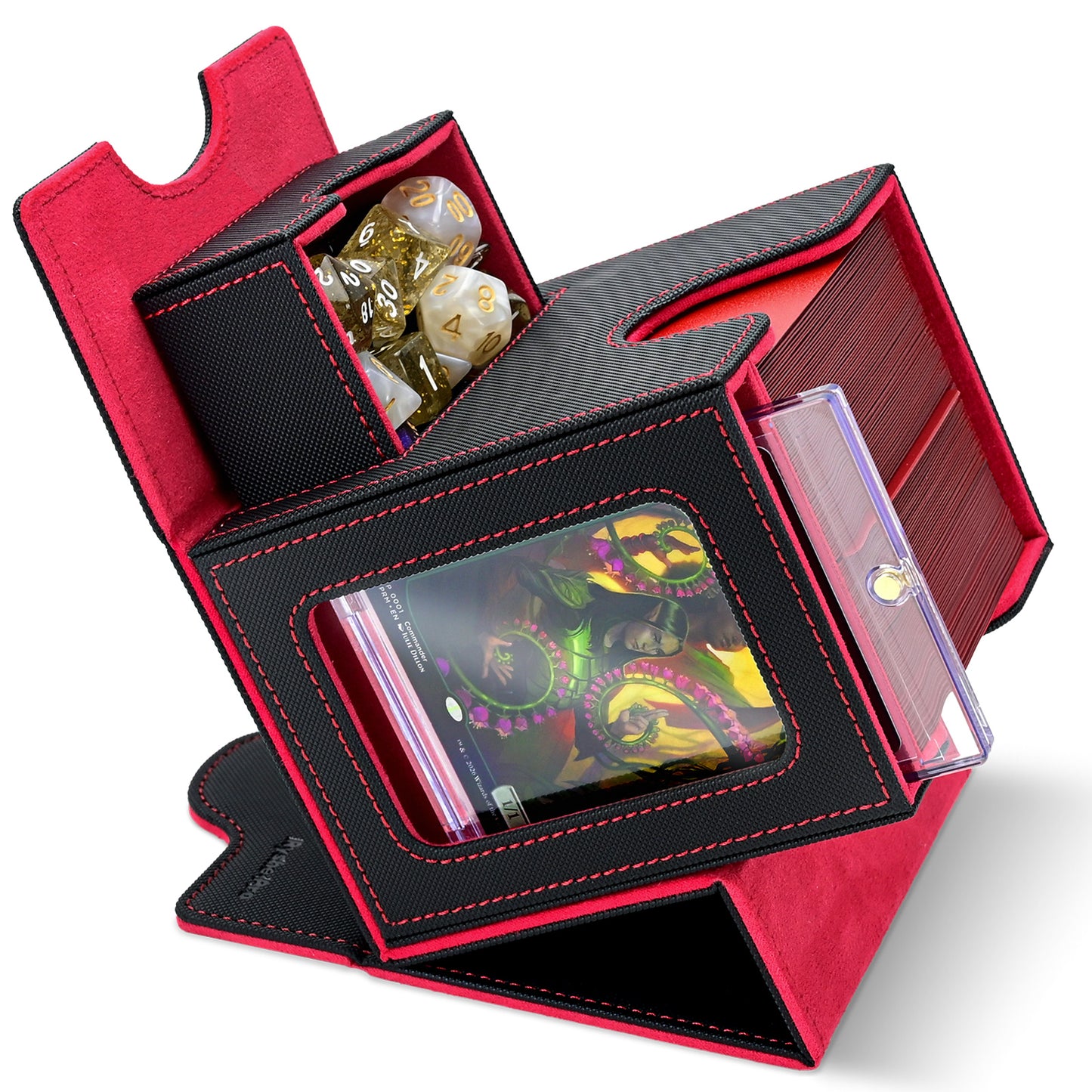 Card Deck Box for MTG Commander - (Patent Pending) Commander Deck Box with Display Fits 100+ Double-Sleeved Cards, Magnetic Trading Card Box for PTCG/TCG with Dice Tray & 35PT Card Holder, Black Red