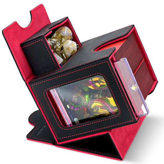 Card Deck Box for MTG Commander - (Patent Pending) Commander Deck Box with Display Fits 100+ Double-Sleeved Cards, Magnetic Trading Card Box for PTCG/TCG with Dice Tray & 35PT Card Holder, Black Red