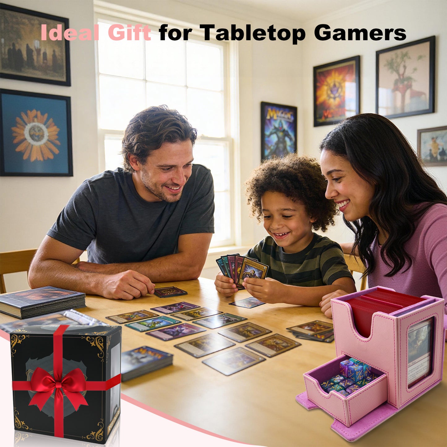 Card Deck Box for MTG Commander - (Patent Pending) Commander Deck Box with Display Fits 100+ Double-Sleeved Cards, Magnetic Trading Card Box for PTCG/TCG with Dice Tray & 35PT Card Holder, Black Pink