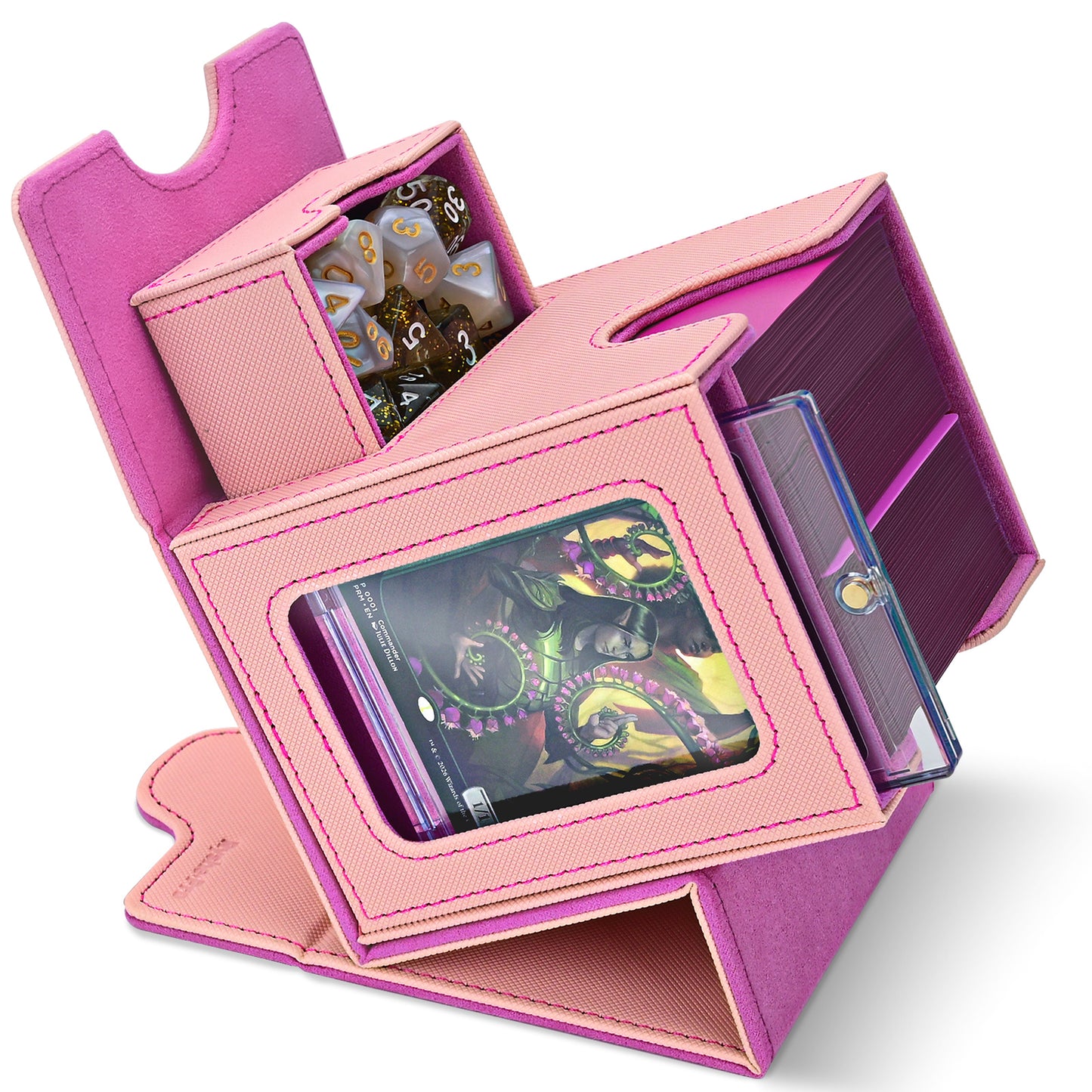 Card Deck Box for MTG Commander - (Patent Pending) Commander Deck Box with Display Fits 100+ Double-Sleeved Cards, Magnetic Trading Card Box for PTCG/TCG with Dice Tray & 35PT Card Holder, Black Pink